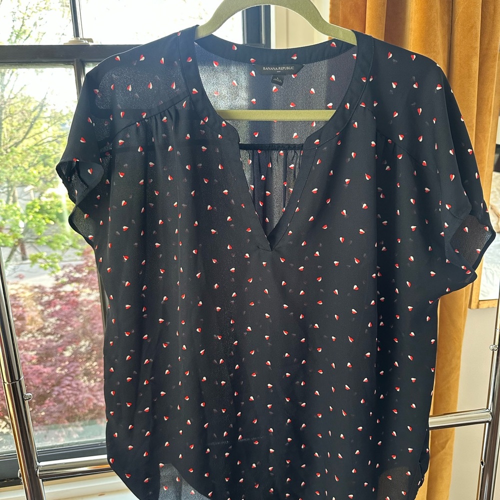 Sheer Navy Blue with a red and white Hearts blouse by Banana Republic. Size Lar